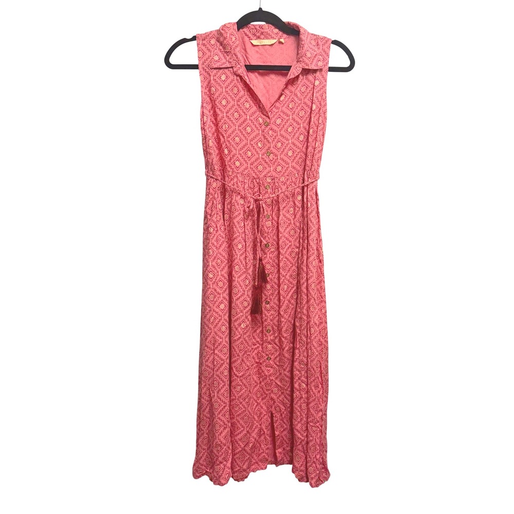Avaasa Boho Geometric Tassel Pink Midi Dress Sleeveless Button Down Rayon S